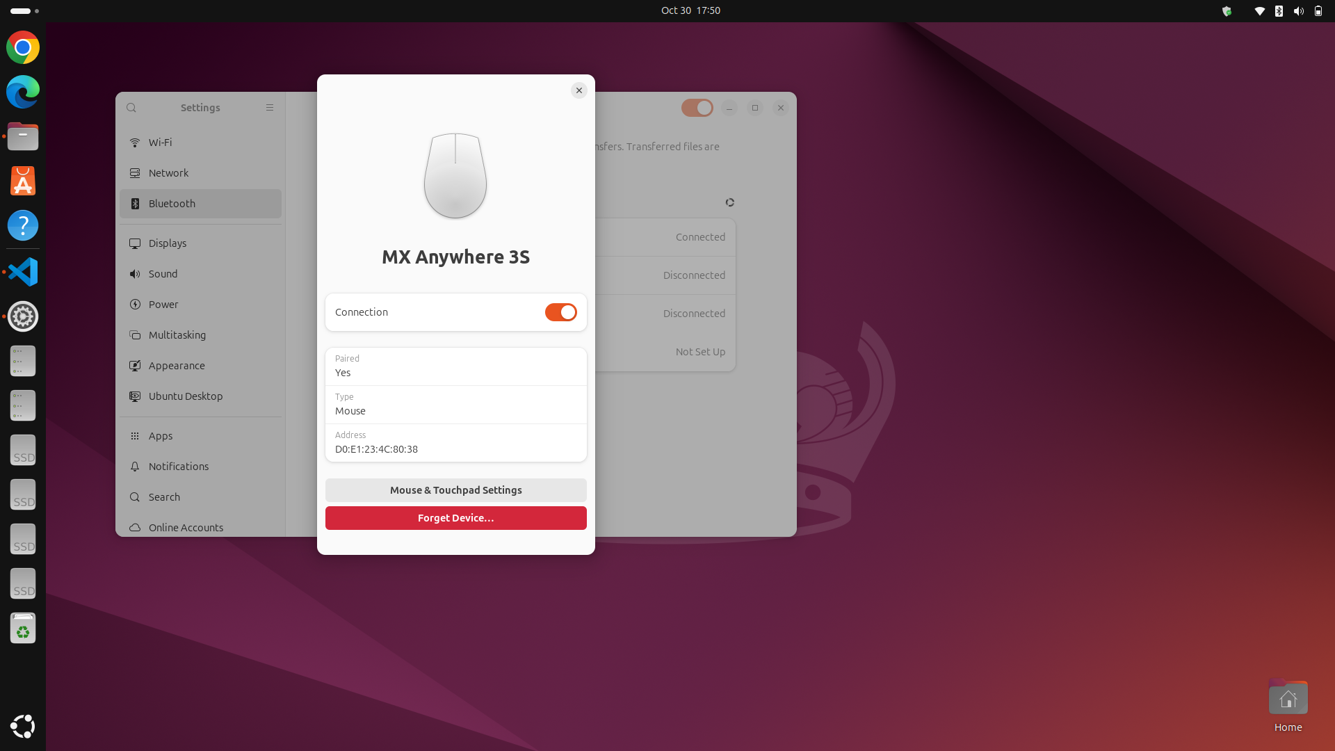Screenshot: Ubuntu showing paired device MAC address